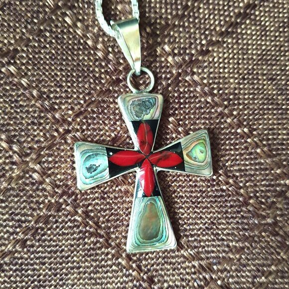 Vintage Taxco Sterling Red Coral & Abalone Crucifix Pendant with Italy 925 Chain - Picture 1 of 9